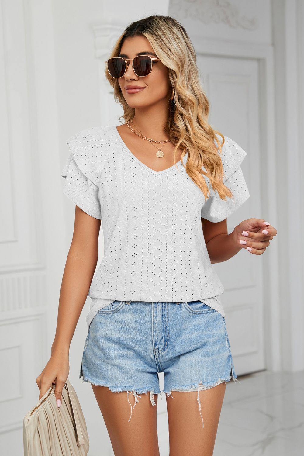 Eyelet Layered Flutter Sleeve V-Neck Knit Top - Trendsi