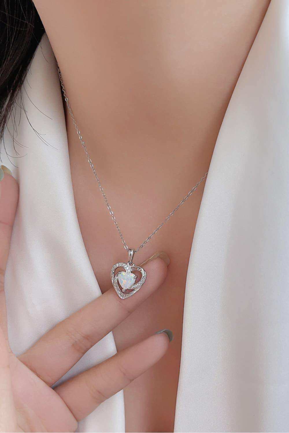 Opal Heart Pendant Necklace - Trendsi