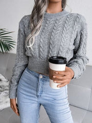 Cable-Knit Round Neck Sweater - Trendsi