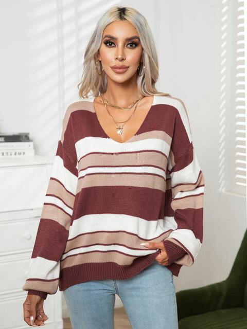 Striped V-Neck Long Sleeve Knit Top - Flyclothing LLC