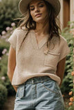 Pocketed V-Neck Cap Sleeve Sweater Vest - Trendsi - Flyclothing LLC