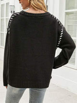 Contrast Round Neck Drop Shoulder Knit Top - Trendsi - Flyclothing LLC