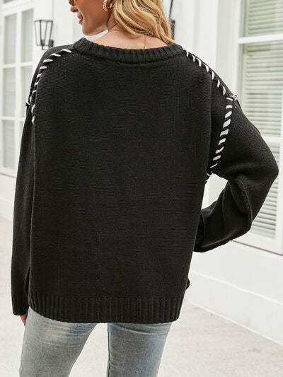 Contrast Round Neck Drop Shoulder Knit Top - Trendsi - Flyclothing LLC
