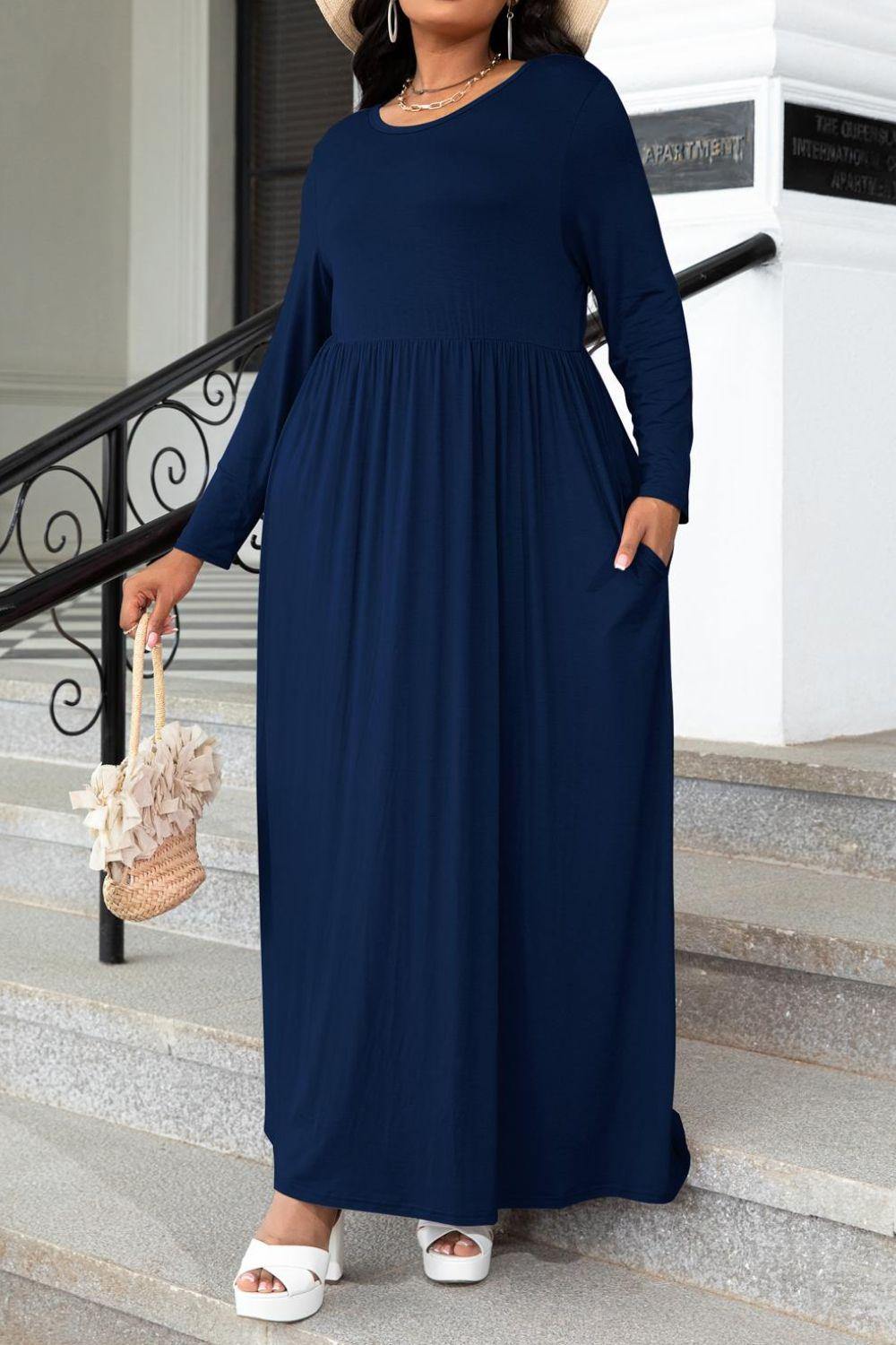 Plus Size Round Neck Long Sleeve Maxi Dress with Pockets - Trendsi