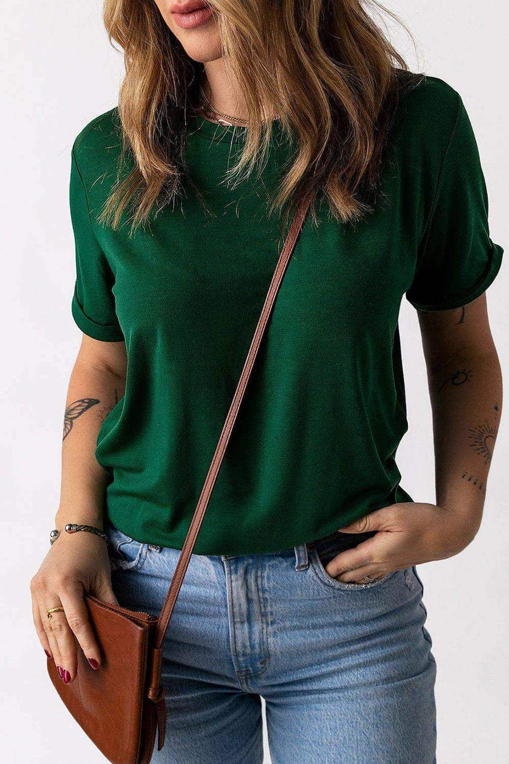 Round Neck Cuffed Short Sleeve Tee - Trendsi - Flyclothing LLC