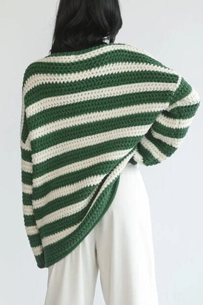 Striped Round Neck Dropped Shoulder Sweater - Flyclothing LLC