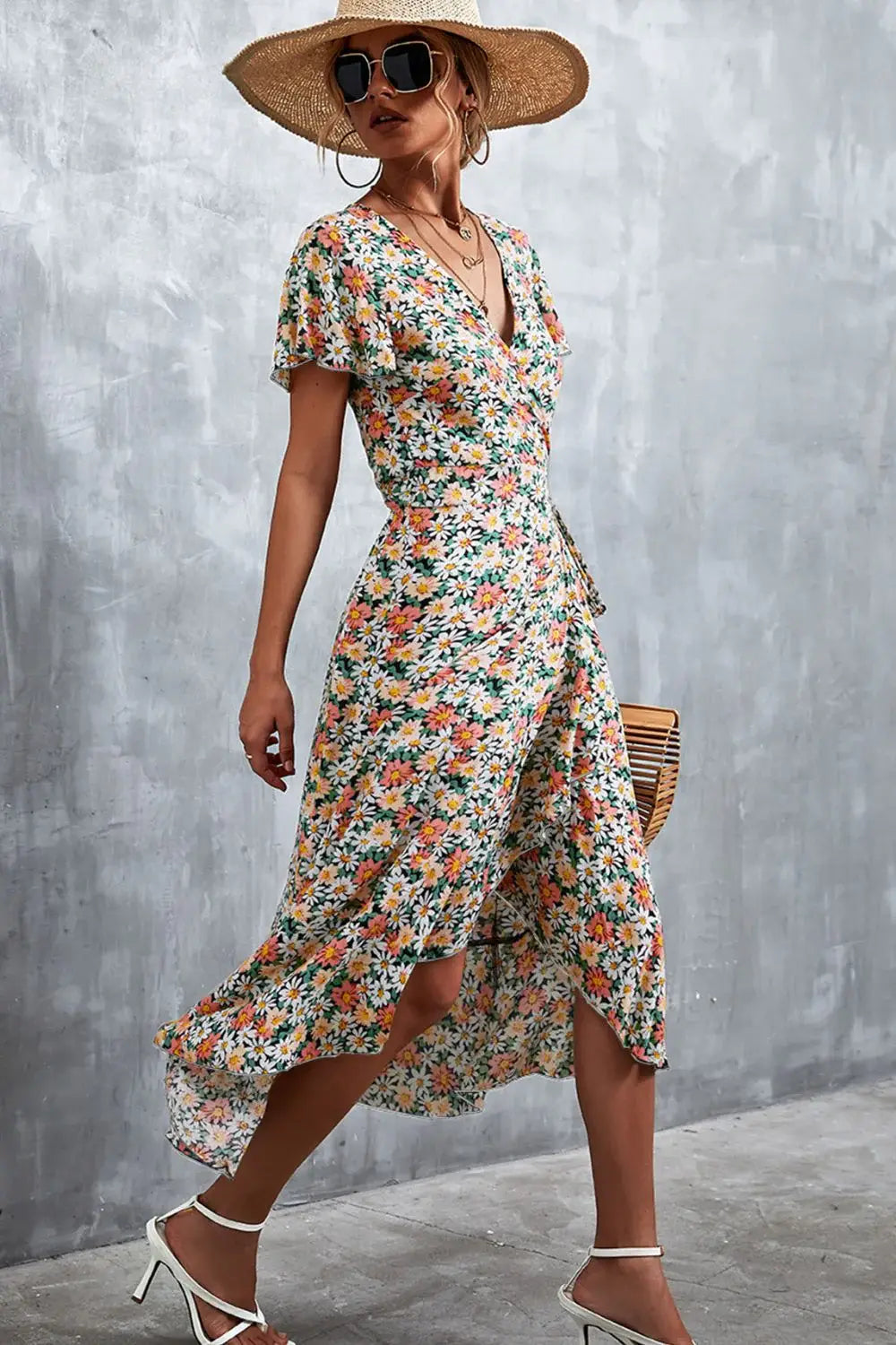 Floral Surplice Neck Tied Midi Dress - Trendsi - Flyclothing LLC
