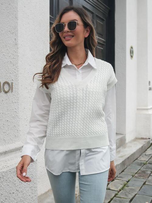 Cable-knit V-Neck Sweater Vest - Trendsi