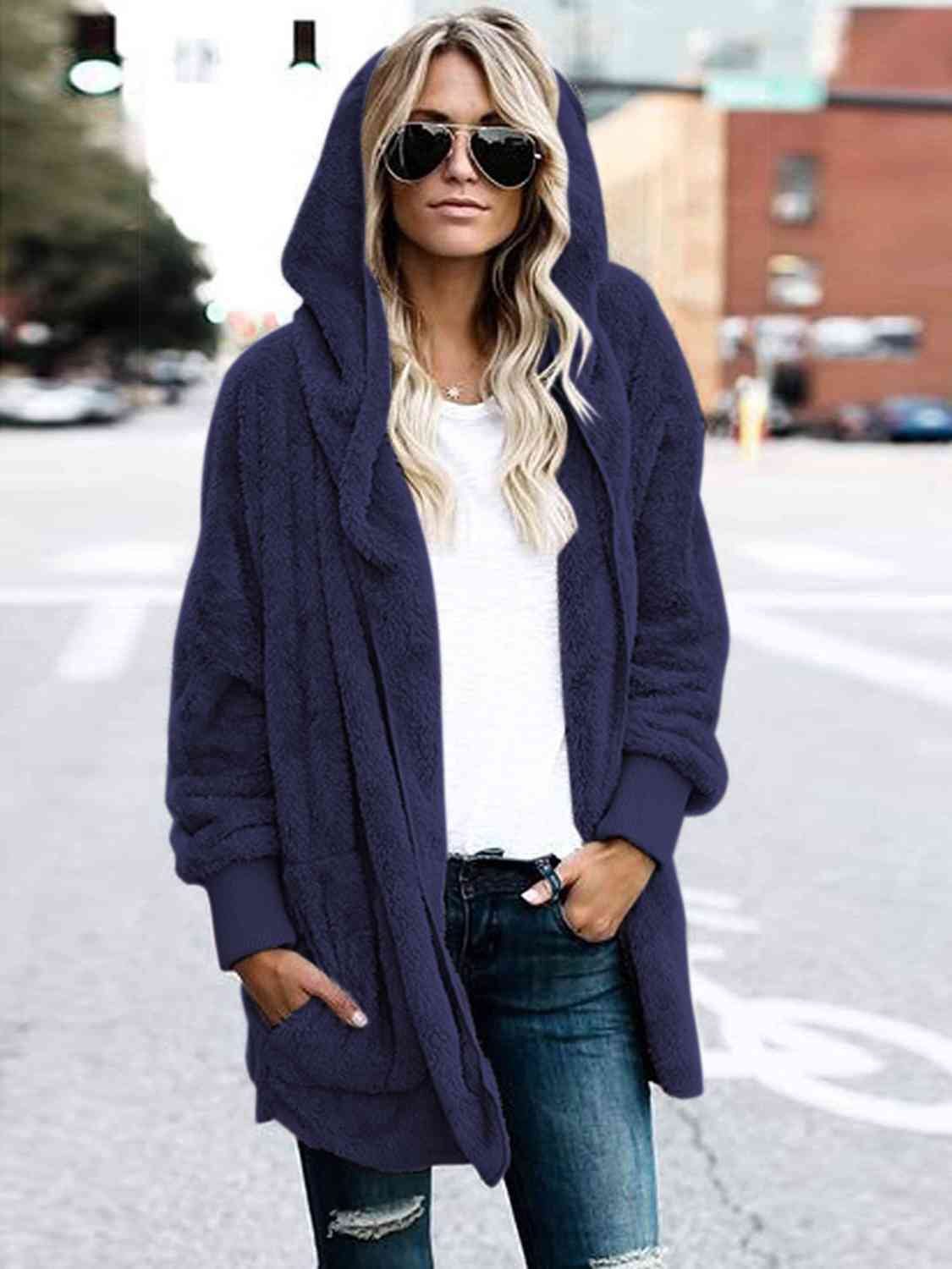 Teddy Hooded Jacket with Pockets - Trendsi - Flyclothing LLC