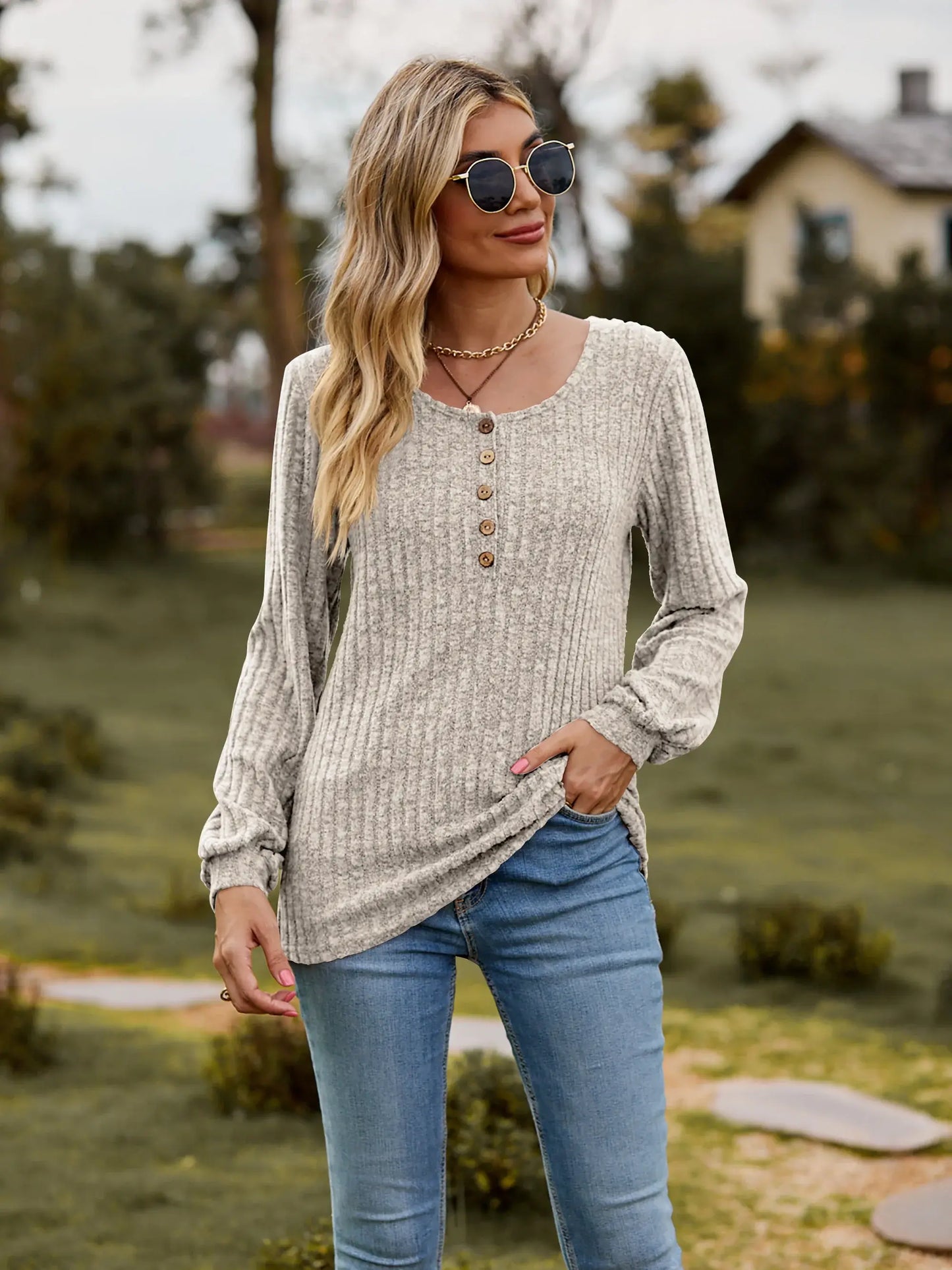 Round Neck Button-Down Long Sleeve Tee - Trendsi - Flyclothing LLC