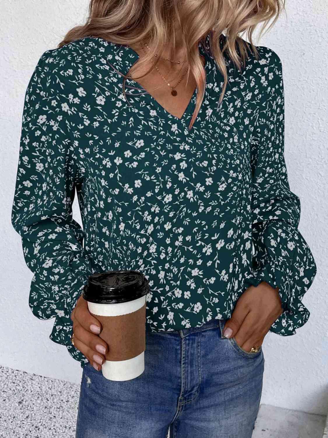 Notched Neck Flounce Sleeve Blouse - Trendsi