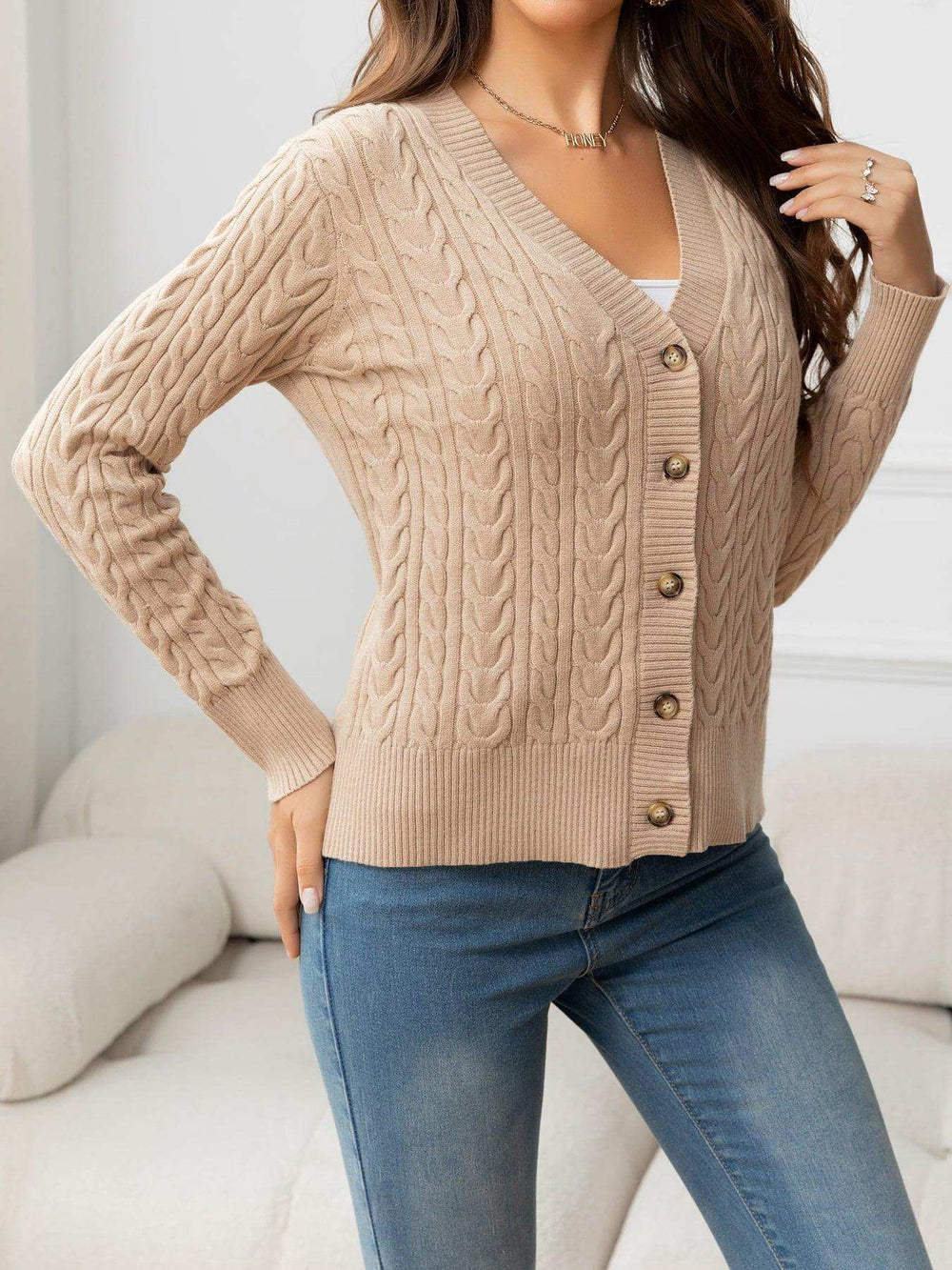 V-Neck Long Sleeve Cable-Knit Buttoned Knit Top - Trendsi - Flyclothing LLC