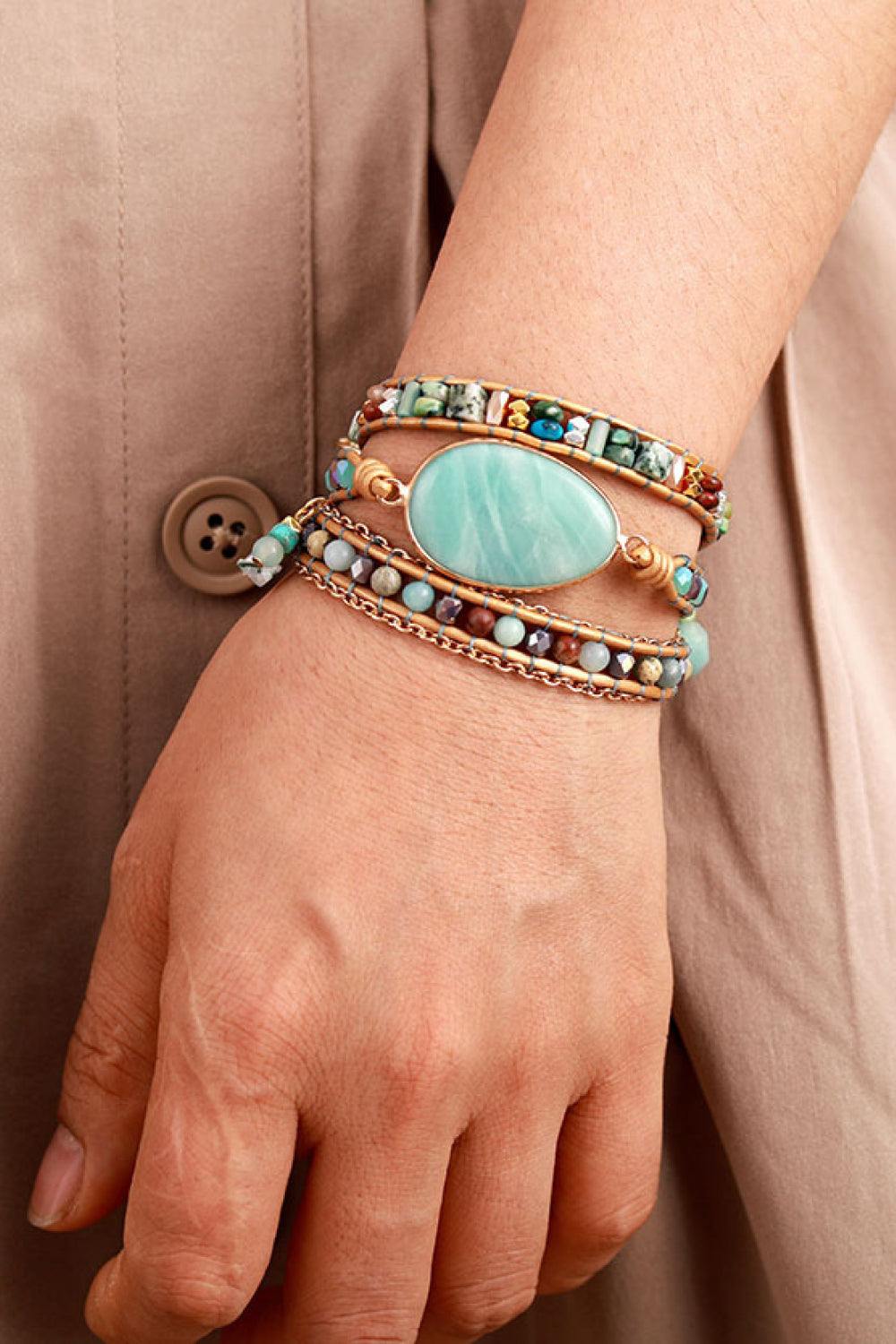 Handmade Natural Stone Beaded Triple Layer Bracelet - Trendsi