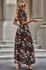 Floral V-Neck Short Flounce Sleeve Dress - Trendsi - Flyclothing LLC