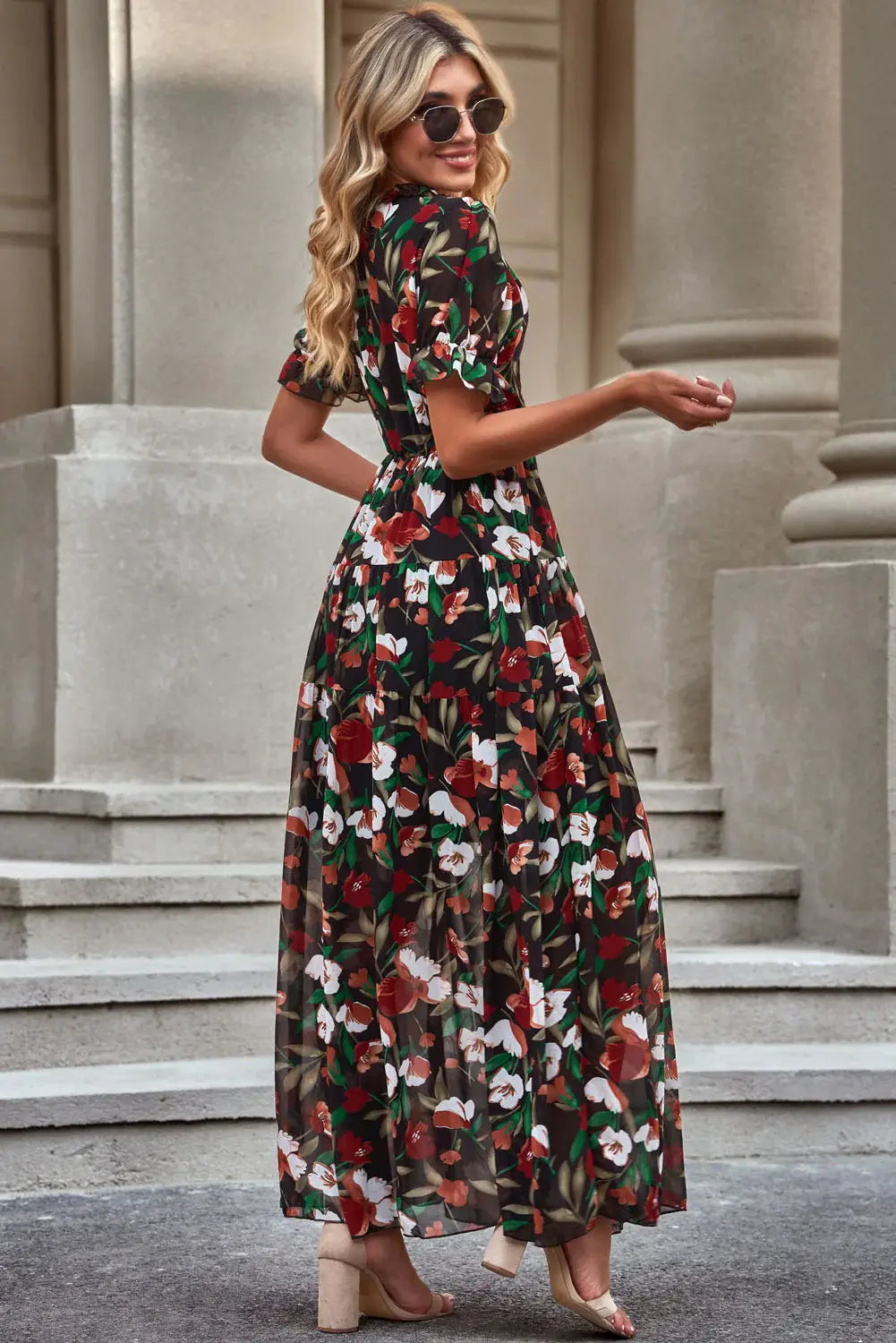 Floral V-Neck Short Flounce Sleeve Dress - Trendsi - Flyclothing LLC