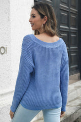 Cable-Knit V-Neck Sweater - Trendsi
