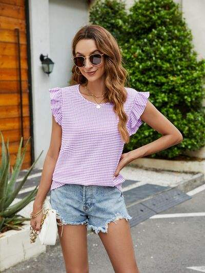 Plaid Ruffled Round Neck Cap Sleeve T-Shirt - Trendsi - Flyclothing LLC