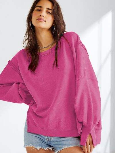 Slit Round Neck Dropped Shoulder T-Shirt - Trendsi - Flyclothing LLC