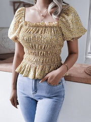 Frill Smocked Square Neck Short Sleeve Blouse - Trendsi