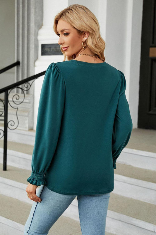 Round Neck Smocked Flounce Sleeve Blouse - Trendsi