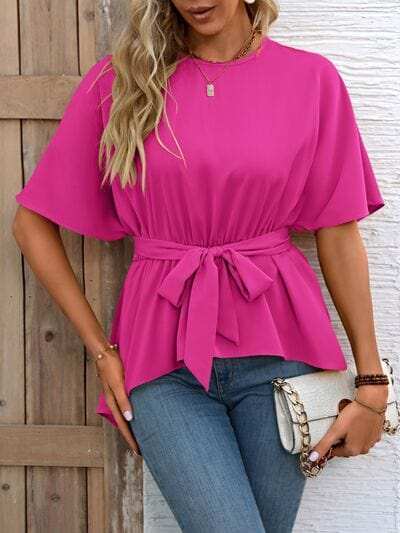 Tied Round Neck Half Sleeve Blouse - Trendsi - Flyclothing LLC