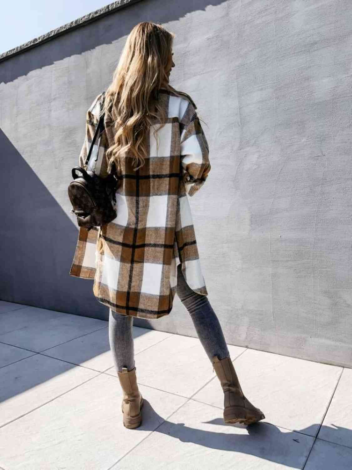 Plaid Collared Neck Longline Shirt - Trendsi - Flyclothing LLC