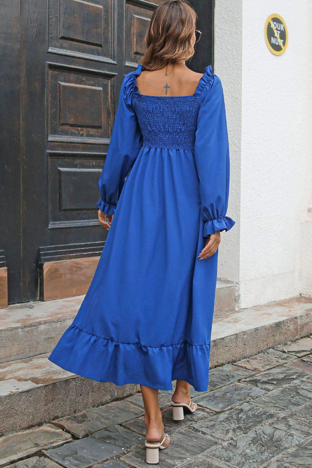 Smocked Ruffle Hem Flounce Sleeve Dress - Trendsi - Flyclothing LLC