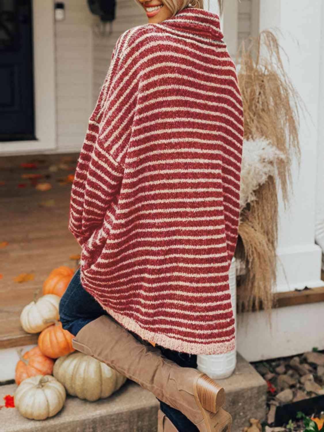 Striped Turtleneck Sweater with Pockets - Flyclothing LLC