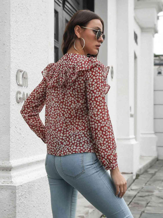 Printed Statement Collar Long Sleeve Blouse - Trendsi