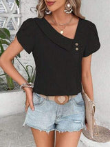 Decorative Button Asymmetrical Neck Blouse - Trendsi - Flyclothing LLC