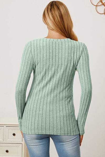 Basic Bae Full Size Ribbed V-Neck Long Sleeve T-Shirt - Trendsi - Flyclothing LLC