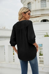 Swiss Dot Notched Neck Three-Quarter Sleeve Blouse - Trendsi - Flyclothing LLC