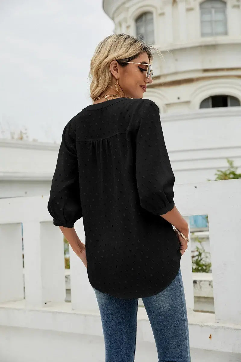 Swiss Dot Notched Neck Three-Quarter Sleeve Blouse - Trendsi - Flyclothing LLC