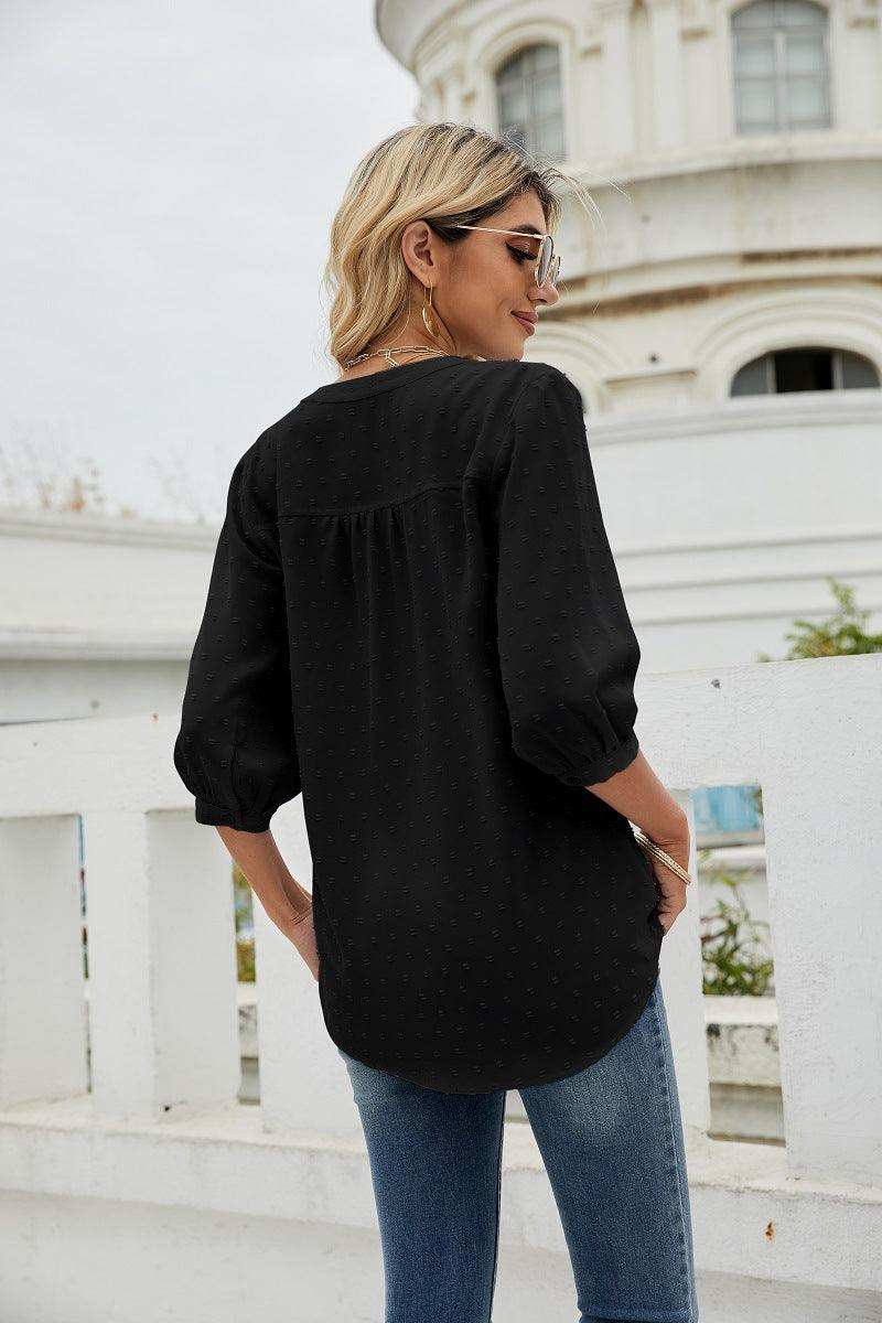 Swiss Dot Notched Neck Three-Quarter Sleeve Blouse - Trendsi - Flyclothing LLC