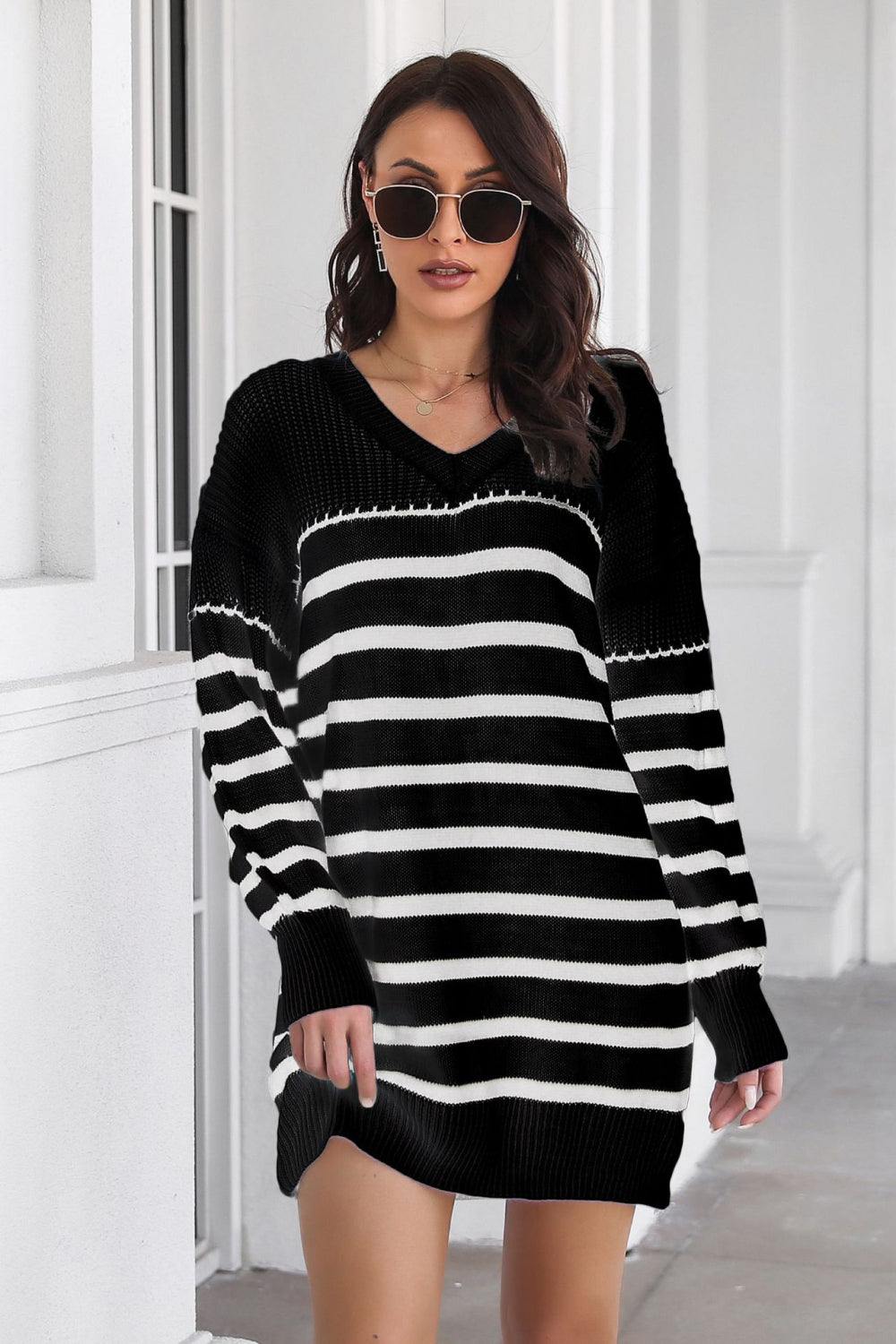 Striped V-Neck Drop Shulder Sweater Dress - Flyclothing LLC