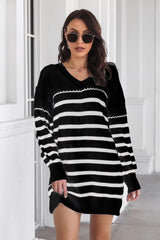 Striped V-Neck Drop Shulder Sweater Dress - Flyclothing LLC