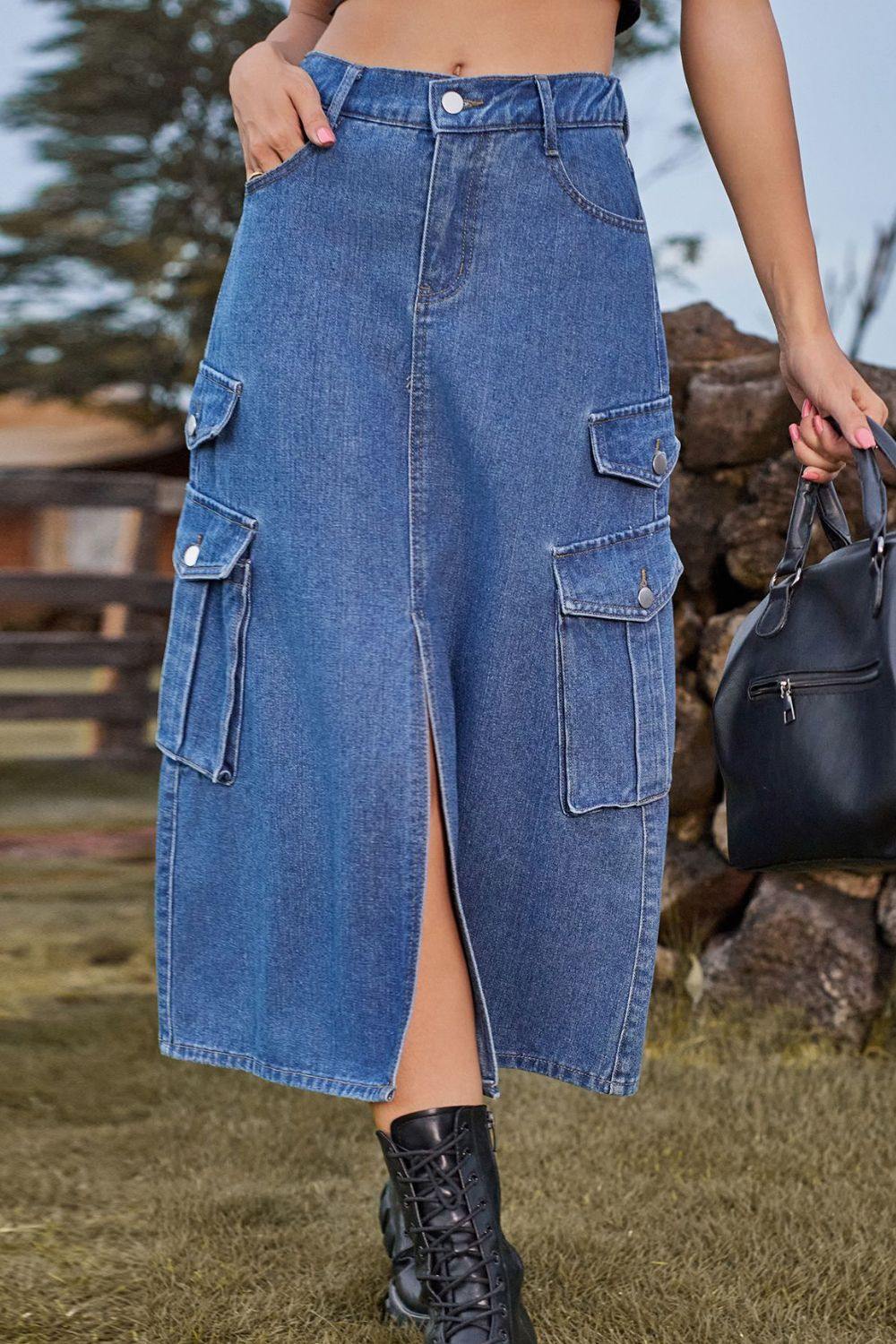Slit Front Midi Denim Skirt with Pockets - Trendsi