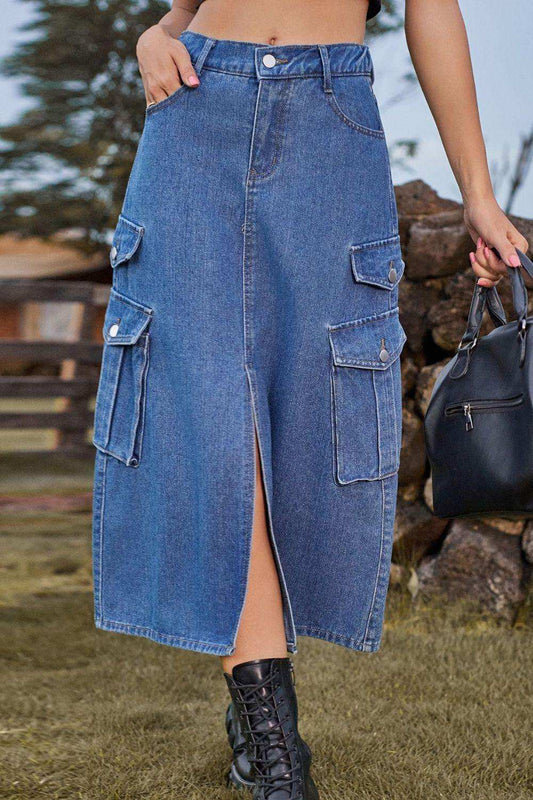 Slit Front Midi Denim Skirt with Pockets - Trendsi - Flyclothing LLC