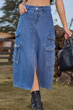 Slit Front Midi Denim Skirt with Pockets - Trendsi