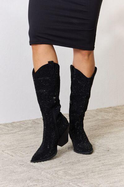 Forever Link Rhinestone Knee High Cowboy Boots - Trendsi
