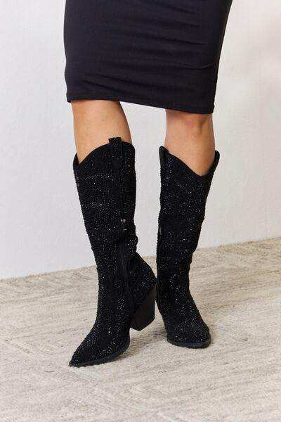 Forever Link Rhinestone Knee High Cowboy Boots - Trendsi - Flyclothing LLC