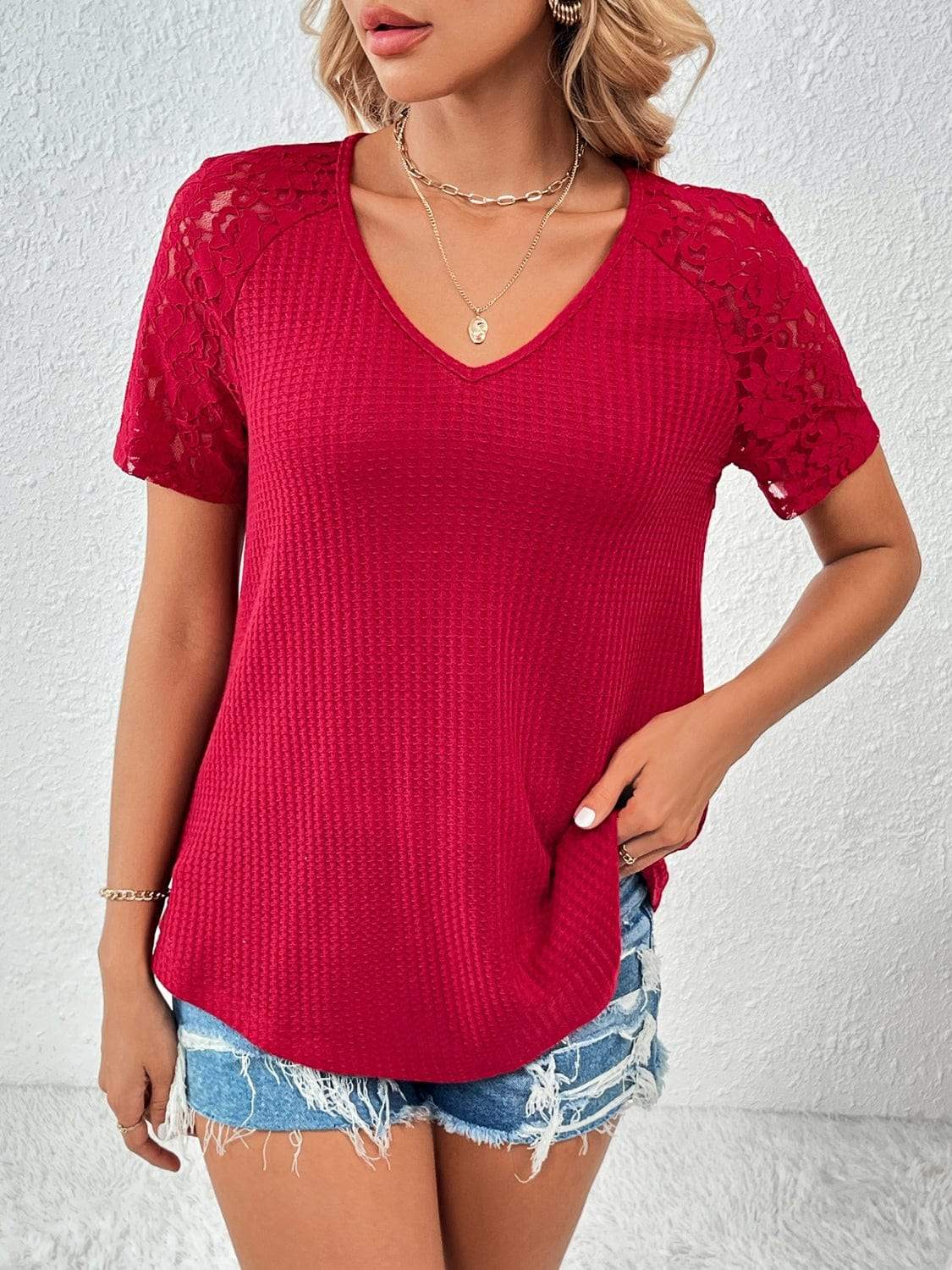 Lace Detail V-Neck Short Sleeve T-Shirt - Trendsi - Flyclothing LLC