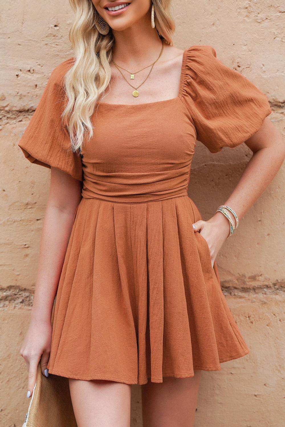 Square Neck Pleated Dress with Pockets - Trendsi - Flyclothing LLC
