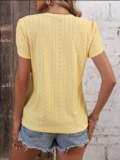 Eyelet V-Neck Petal Sleeve T-Shirt - Trendsi - Flyclothing LLC
