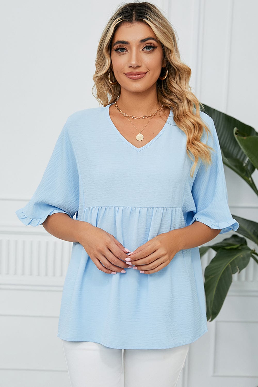Peplum V-Neck Half Sleeve T-Shirt - Trendsi