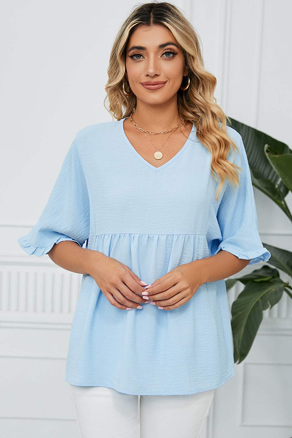Peplum V-Neck Half Sleeve T-Shirt - Trendsi - Flyclothing LLC