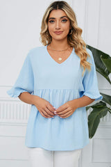 Peplum V-Neck Half Sleeve T-Shirt - Trendsi - Flyclothing LLC