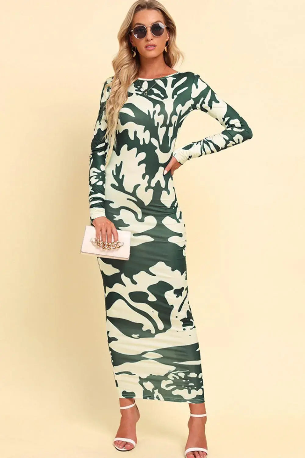 Printed Backless Long Sleeve Maxi Dress - Trendsi - Flyclothing LLC