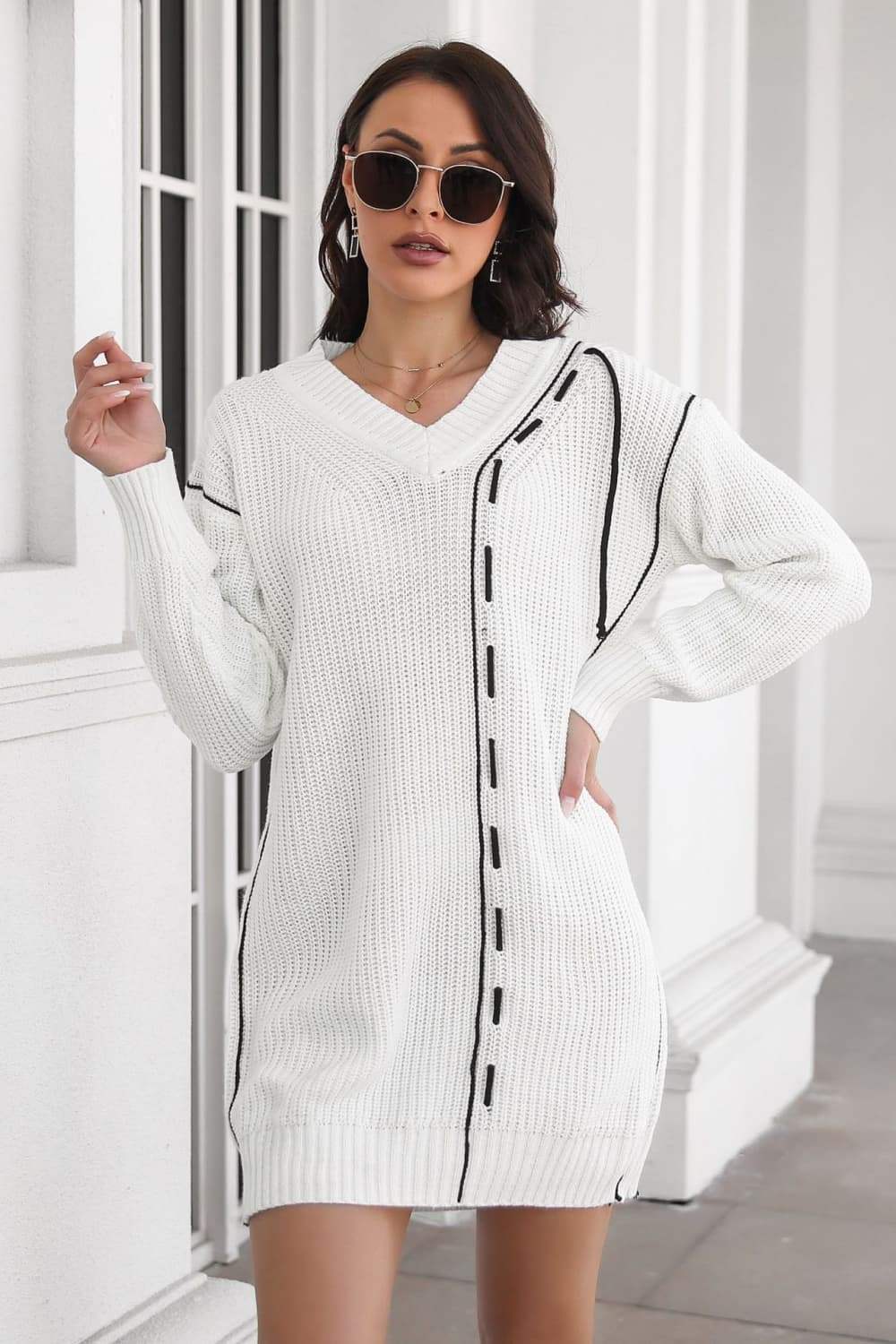 Contrast V-Neck Sweater Dress - Trendsi - Flyclothing LLC