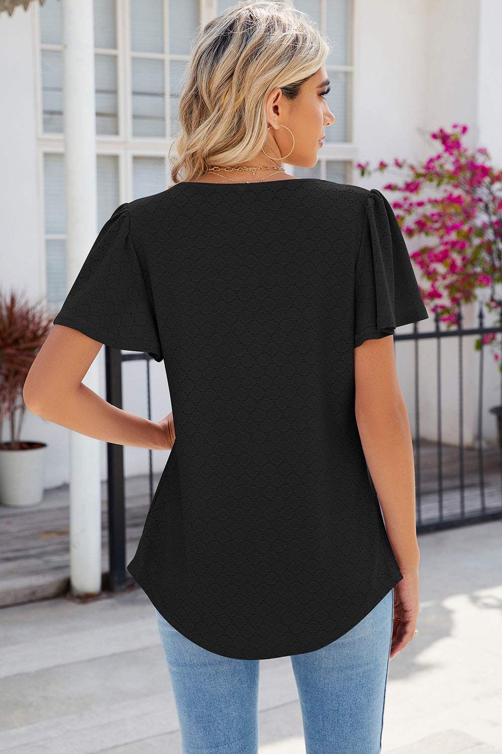 Eyelet Square Neck Flutter Sleeve Blouse - Trendsi - Flyclothing LLC